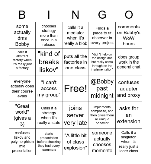 SWEN 262 Bingo Card