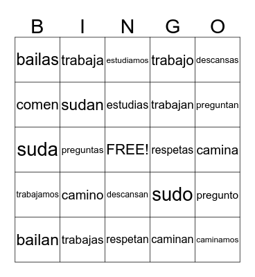 ar verbs Bingo Card