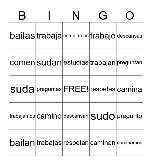 ar verbs Bingo Card