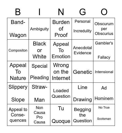 Logical Fallacies Bingo Card