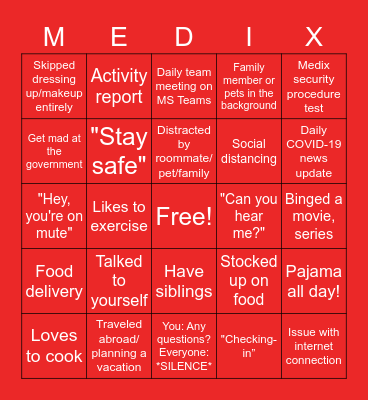 Getting to X WFH Bingo Card