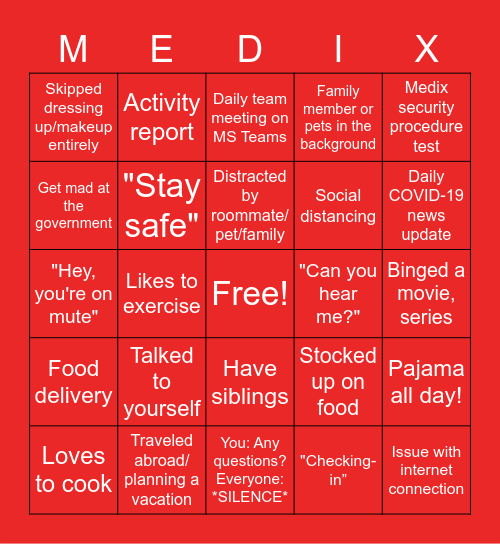 Getting to X WFH Bingo Card