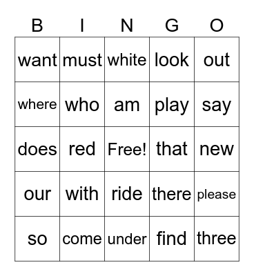 Sight Words Bingo Card