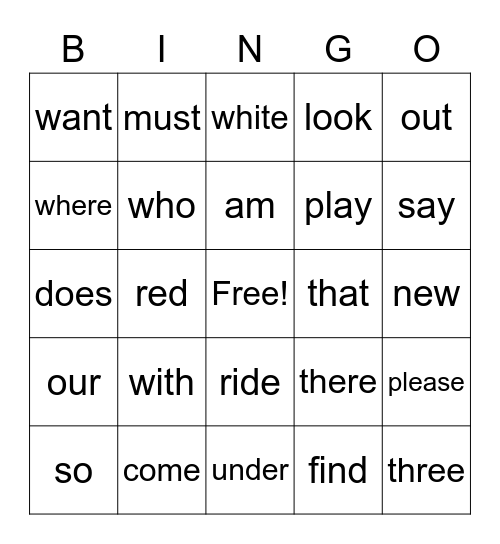 Sight Words Bingo Card