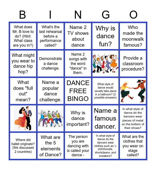 Dance Bingo Card