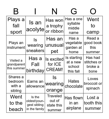 Welcome Back BINGO Card
