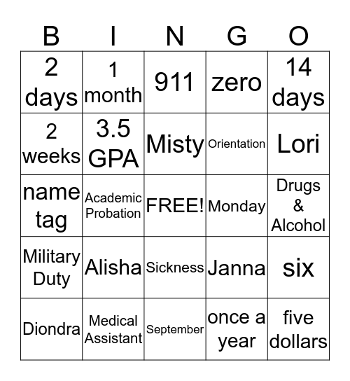 Orientation Bingo  Bingo Card