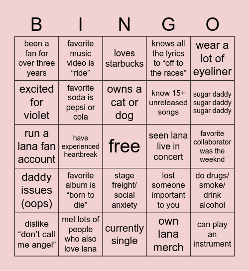 Lana Del Rey ♡ Bingo Card