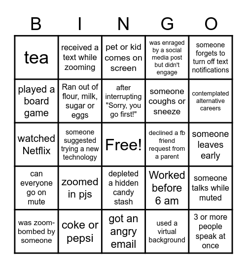 Quarantine Teacher Edition Bingo Card