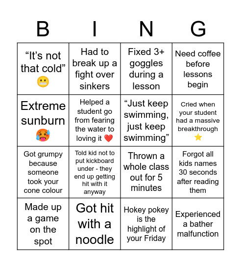 The Ultimate Swim Teacher Bingo Card