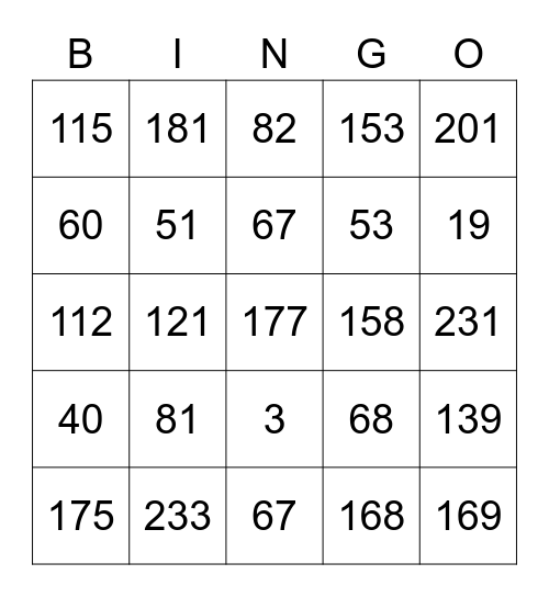 GM Test Numbers Bingo Card