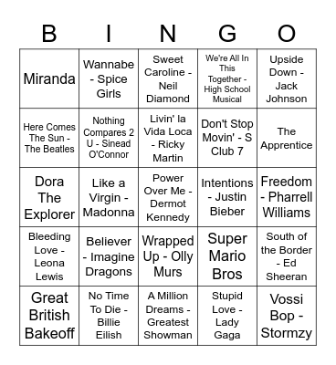 Rock and Roll Bingo Card