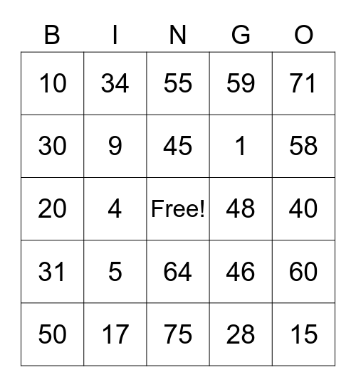 ONLINE BINGO (1) Bingo Card