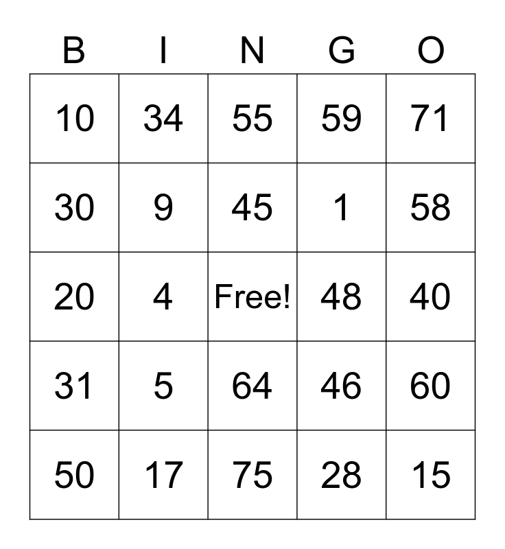 ONLINE BINGO (1) Bingo Card