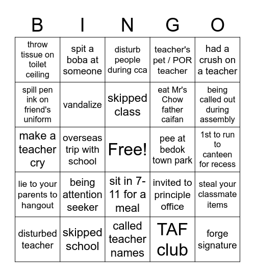 During secondary school Bingo Card