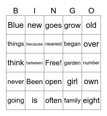 Sight Words BINGO! Bingo Card