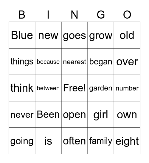 Sight Words BINGO! Bingo Card