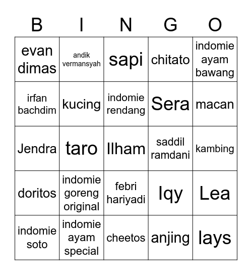 Jendra Bingo Card