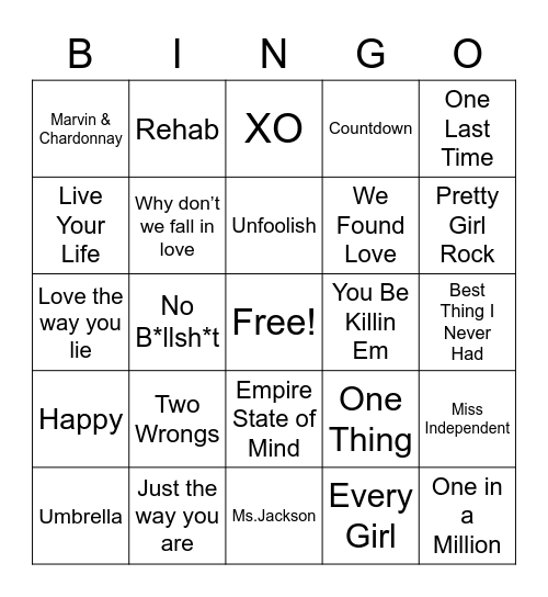 2000's Hits mix Bingo Card