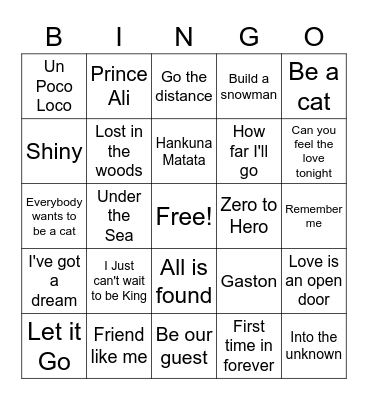 Disney Musical Bingo Card