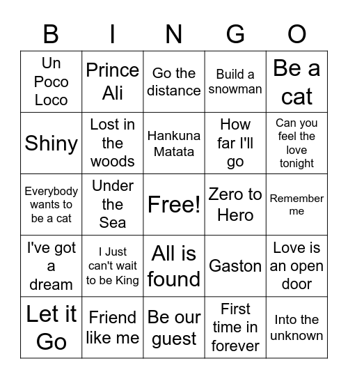 Disney Musical Bingo Card