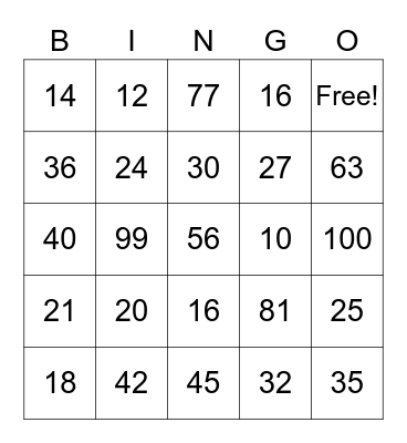 Multiplication Bingo Card