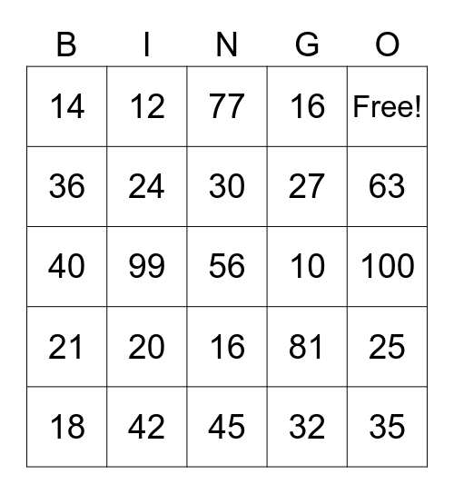 Multiplication Bingo Card
