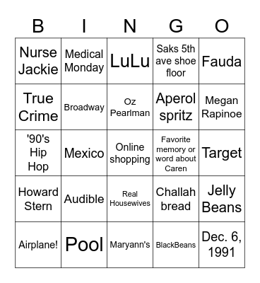 Caren's Birthday Bingo Card