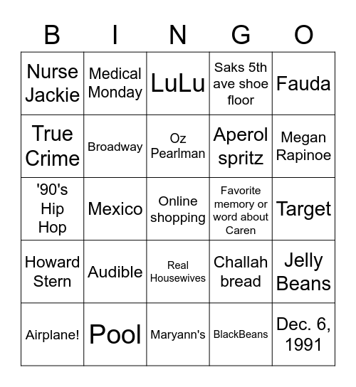 Caren's Birthday Bingo Card