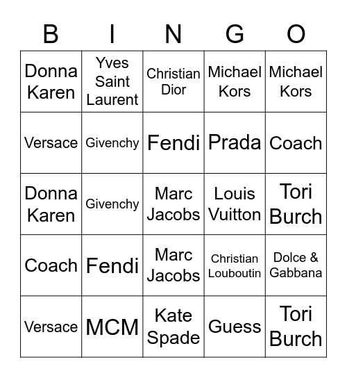 Designer BAG Bingo Card