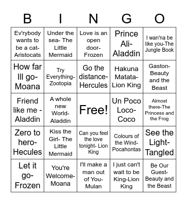 Auntie Fiona's Disney Bingo Card