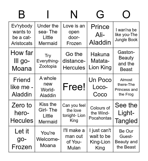 Auntie Fiona's Disney Bingo Card