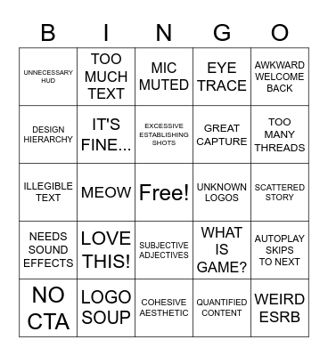 Derek Lieu Game Trailer Critique Bingo Card