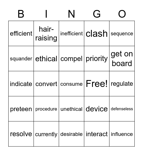 Vocabulary Bingo Card