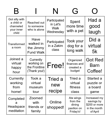Dana-Farber Well-Being BINGO! Bingo Card