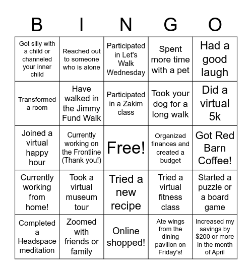 Dana-Farber Well-Being BINGO! Bingo Card