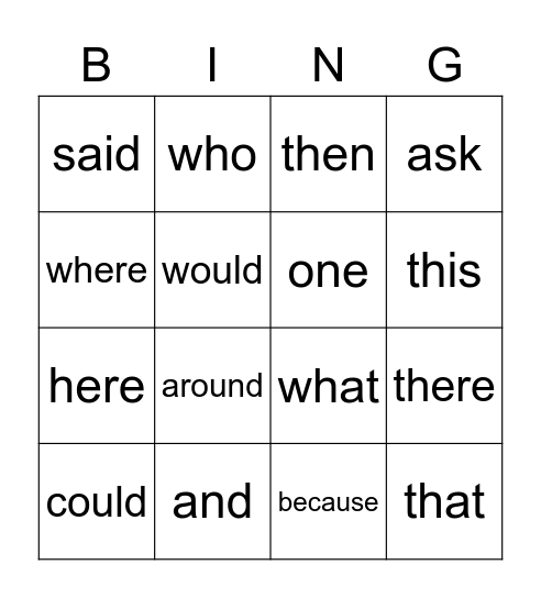 Sight words Bingo Card