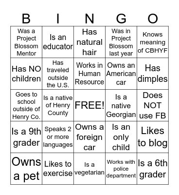 Project Blossom "Getting to Know You" Activity Bingo Card
