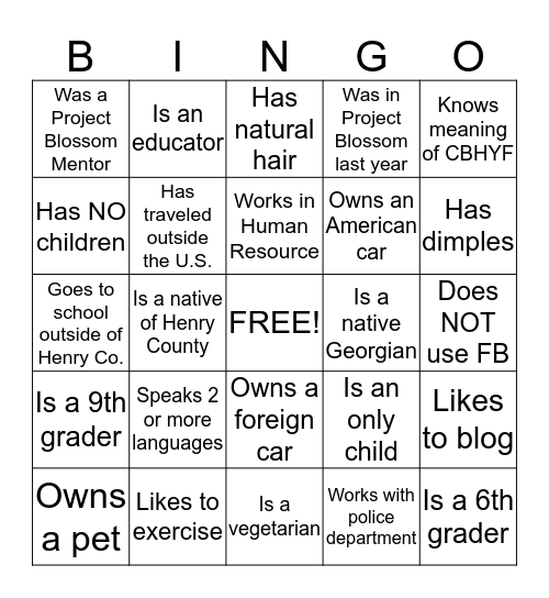 Project Blossom "Getting to Know You" Activity Bingo Card
