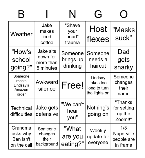 Karaba Family Zoom Bingo Card
