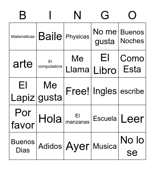 Spanish Bingo Card