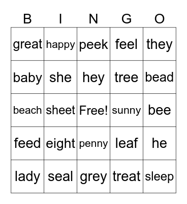 Long a, ea, eigh, ei, ey Bingo Card