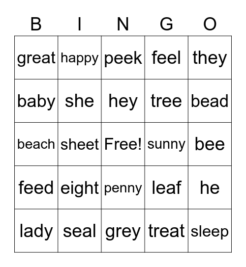Long a, ea, eigh, ei, ey Bingo Card