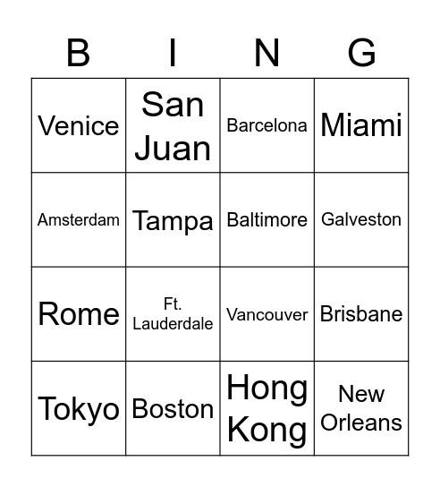 Departure Port Bingo Card