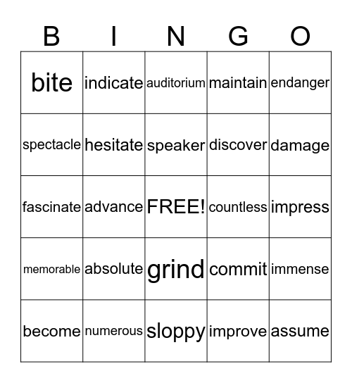 Fourth Grade Vocabulary Bingo Card