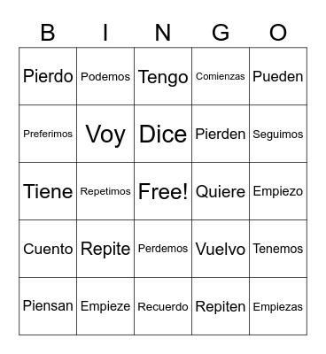 Stem Changing Verbs Bingo Card