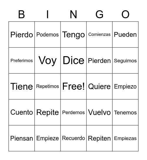 Stem Changing Verbs Bingo Card