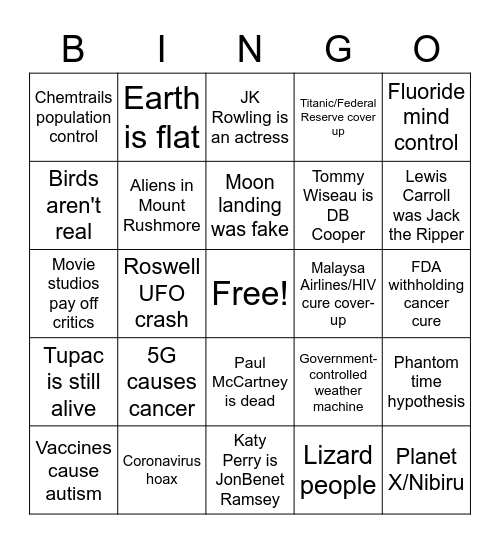 Conspiracy Theory Bingo Card