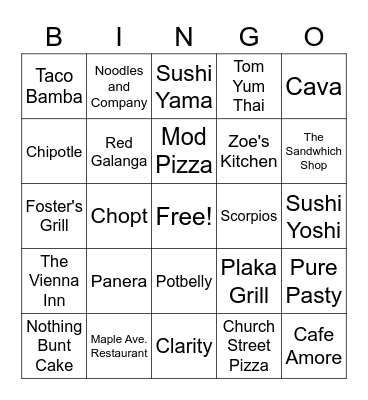 Corinne's Vienna Restaurant Bingo Card