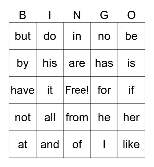 Kindergarten Word Bingo Card